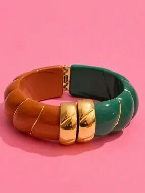 Chunky Green Amber Gold Bangle Bracelet